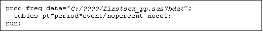 Text Box: proc freq data=C:/????/firstsex_pp.sas7bdat;
  tables pt*period*event/nopercent nocol;
run;

