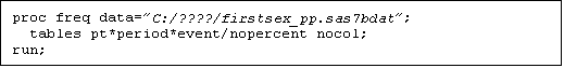 Text Box: proc freq data=C:/????/firstsex_pp.sas7bdat;
  tables pt*period*event/nopercent nocol;
run;

