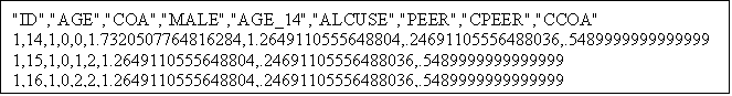 Text Box: "ID","AGE","COA","MALE","AGE_14","ALCUSE","PEER","CPEER","CCOA"
1,14,1,0,0,1.7320507764816284,1.2649110555648804,.24691105556488036,.5489999999999999
1,15,1,0,1,2,1.2649110555648804,.24691105556488036,.5489999999999999
1,16,1,0,2,2,1.2649110555648804,.24691105556488036,.5489999999999999
