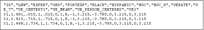 Text Box: "ID","LNW","EXPER","GED","POSTEXP","BLACK","HISPANIC","HGC","HGC_9","UERATE","UE_7","UE_CENTERT1","UE_MEAN","UE_PERSON_CENTERED","UE1"
31,1.491,.015,1,.015,0,1,8,-1,3.215,-3.785,0,3.215,0,3.215
31,1.433,.715,1,.715,0,1,8,-1,3.215,-3.785,0,3.215,0,3.215
31,1.469,1.734,1,1.734,0,1,8,-1,3.215,-3.785,0,3.215,0,3.215

