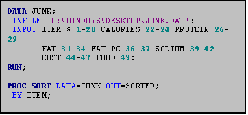 Text Box: DATA JUNK;
 INFILE 'C:\WINDOWS\DESKTOP\JUNK.DAT';
 INPUT ITEM $ 1-20 CALORIES 22-24 PROTEIN 26-29 
       FAT 31-34 FAT_PC 36-37 SODIUM 39-42 
       COST 44-47 FOOD 49;
RUN;

PROC SORT DATA=JUNK OUT=SORTED;
 BY ITEM;

RUN;
