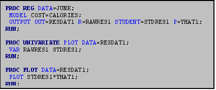 Text Box: PROC REG DATA=JUNK;
 MODEL COST=CALORIES;
 OUTPUT OUT=RESDAT1 R=RAWRES1 STUDENT=STDRES1 P=YHAT1;
RUN;

PROC UNIVARIATE PLOT DATA=RESDAT1;
 VAR RAWRES1 STDRES1;
RUN;

PROC PLOT DATA=RESDAT1;
 PLOT STDRES1*YHAT1;
RUN;
