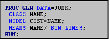 Text Box: PROC GLM DATA=JUNK;
 CLASS NAME;
 MODEL COST=NAME;
 MEANS NAME/ BON LINES;
RUN;
